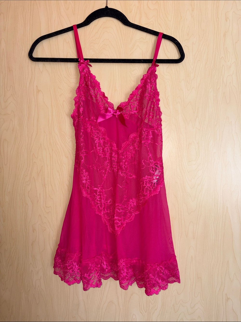Lace-Trim Hot Pink Mesh Chemise with Bow Detail